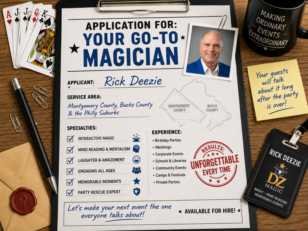 Rick Deezie: Your Go-To Magician for Montgomery County and Bucks County Events - Rick Deezie - DZ Magic Application form for Rick Deezie as your go-to magician in Montgomery County and Bucks County with magic cards, headshot, and event entertainment details